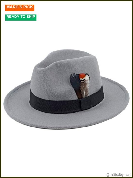 Classic Wide Brim Felt Fedora Hat with Feathers, Unisex Adjustable main image 5